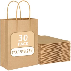 gitmiws 30 pack small brown kraft paper bags, 6''x3.15''x8.25'' small craft paper bags with handles bulk, grocery retail paper bags for small business, party favors take out sacks