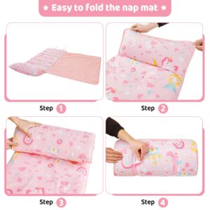 Viviland Toddler Kid Nap Mat for Preschool, Girls Pink Princess Slumber Bag, Daycare Sleeping Bag with Pillow and Blanket, Kindergarten Sleep Mat