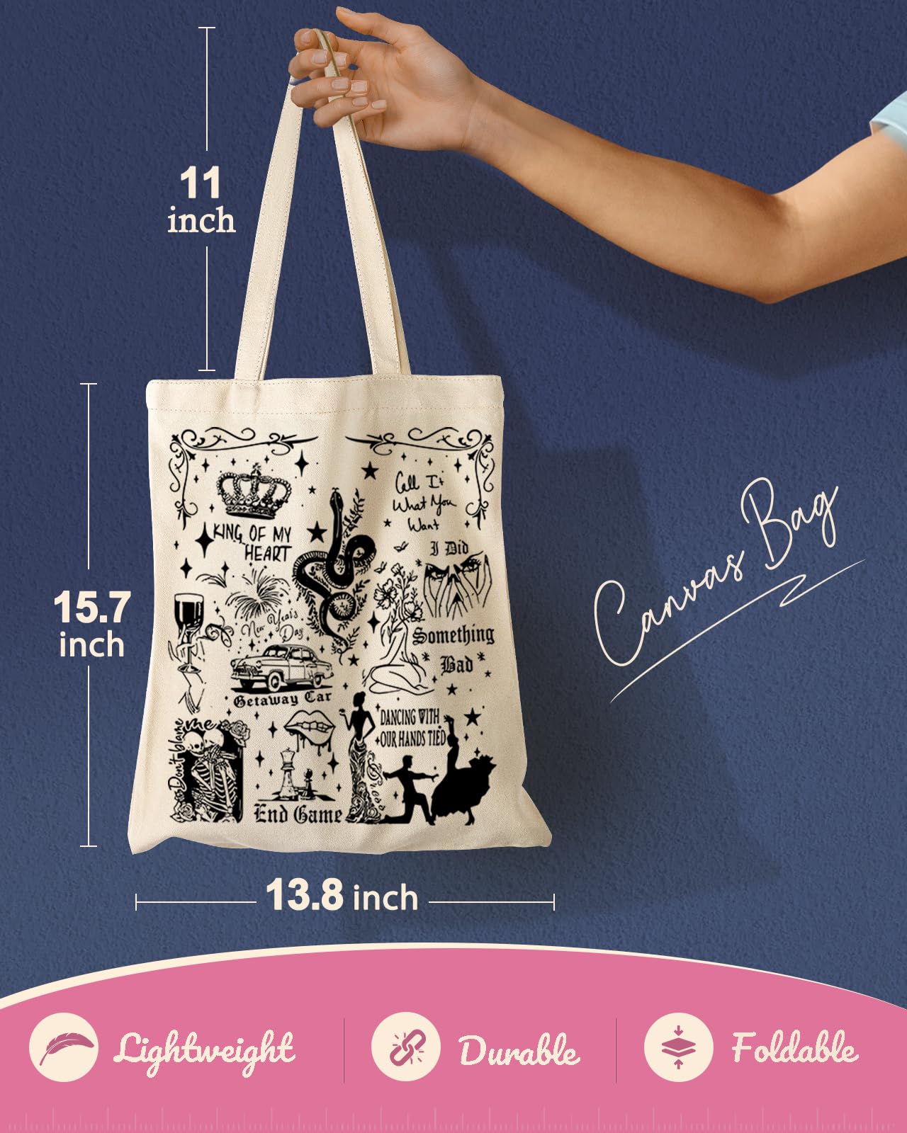 Miss Adola Aesthetic Canvas Tote Bag with Pattern for Women Trendy Casual Music Inspired Cloth Totes Bag for Shopping, Grocery, Gym, Artistic Butterfly Snake