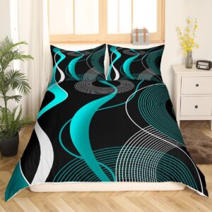 erosebridal geometric duvet cover queen, teal black white bedding set for kids teens, geometry stripe line comforter cover, modern art swirl waves quilt cover abstract circle retro bedroom decor