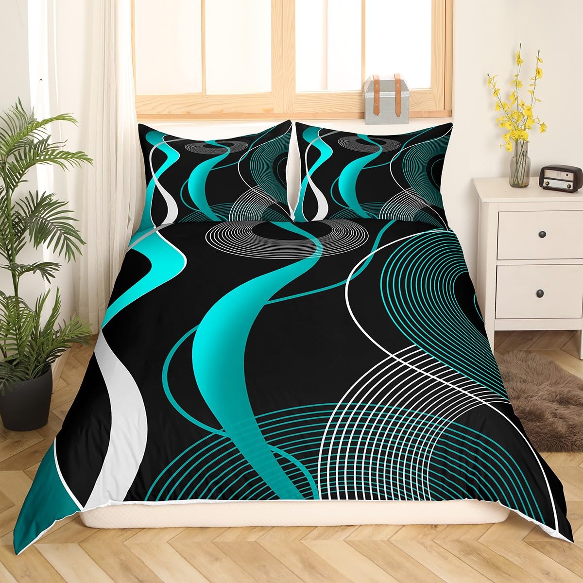 Erosebridal Geometric Duvet Cover Queen, Teal Black White Bedding Set for Kids Teens, Geometry Stripe Line Comforter Cover, Modern Art Swirl Waves Quilt Cover Abstract Circle Retro Bedroom Decor