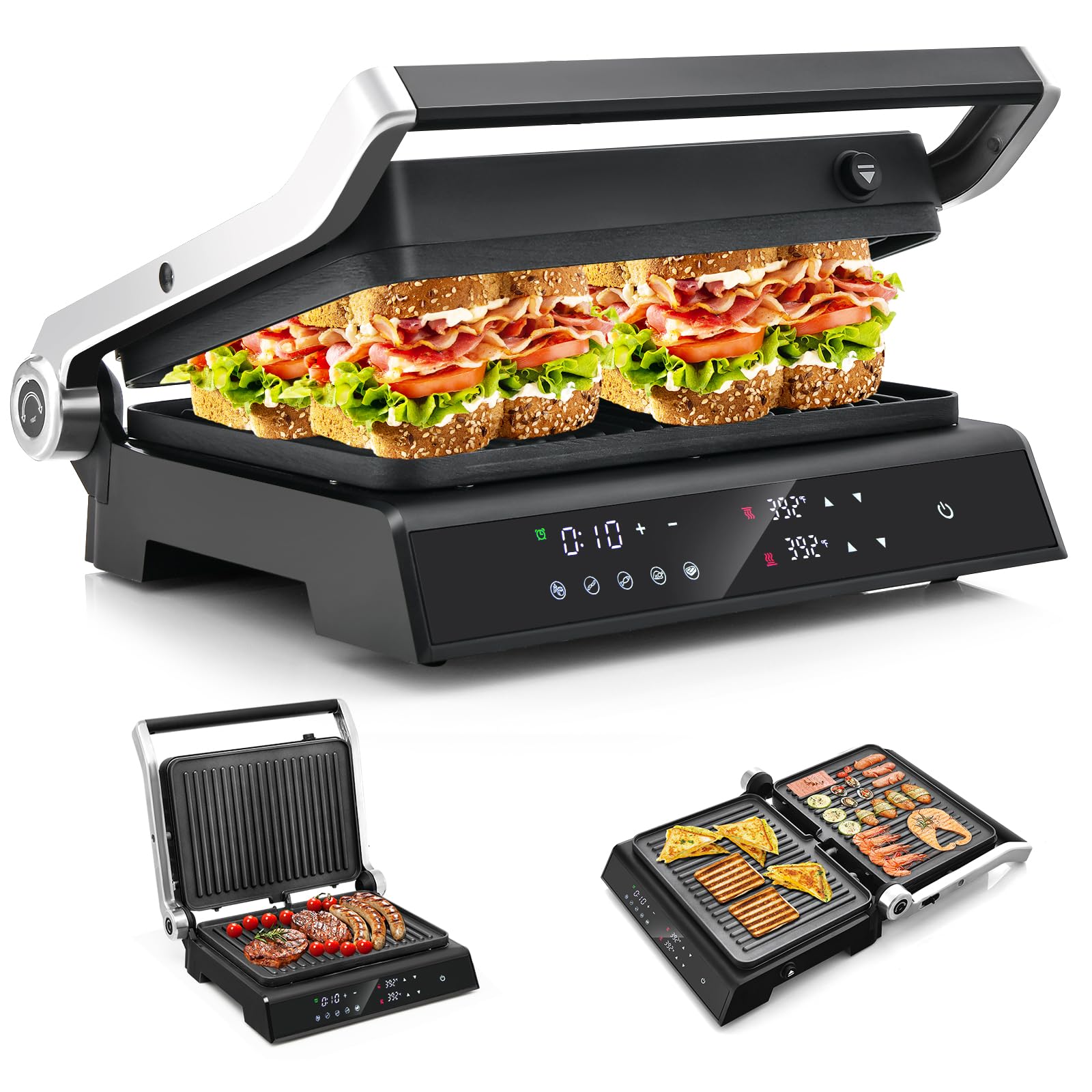 Giantex Panini Press Sandwich Maker, 3-in-1 Electric Indoor Grill, 2 Removable & Dishwasher Safe Non-Stick Plates, Drip Tray, 5 Auto Modes, Upper & Lower Independent Temperature Control, 4 H Timer