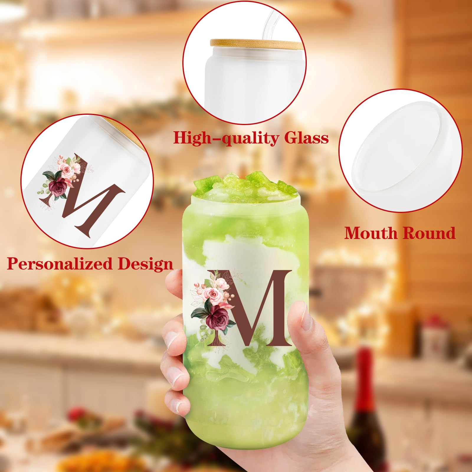 Birthday Gifts for Women, Personalized Gifts for Women, Monogrammed Initial Glass Cup - 16oz Glass Cups with Lids and Straws, Iced Coffee Cup, Beer Can Shaped Glass - Personalized Christmas Gifts M