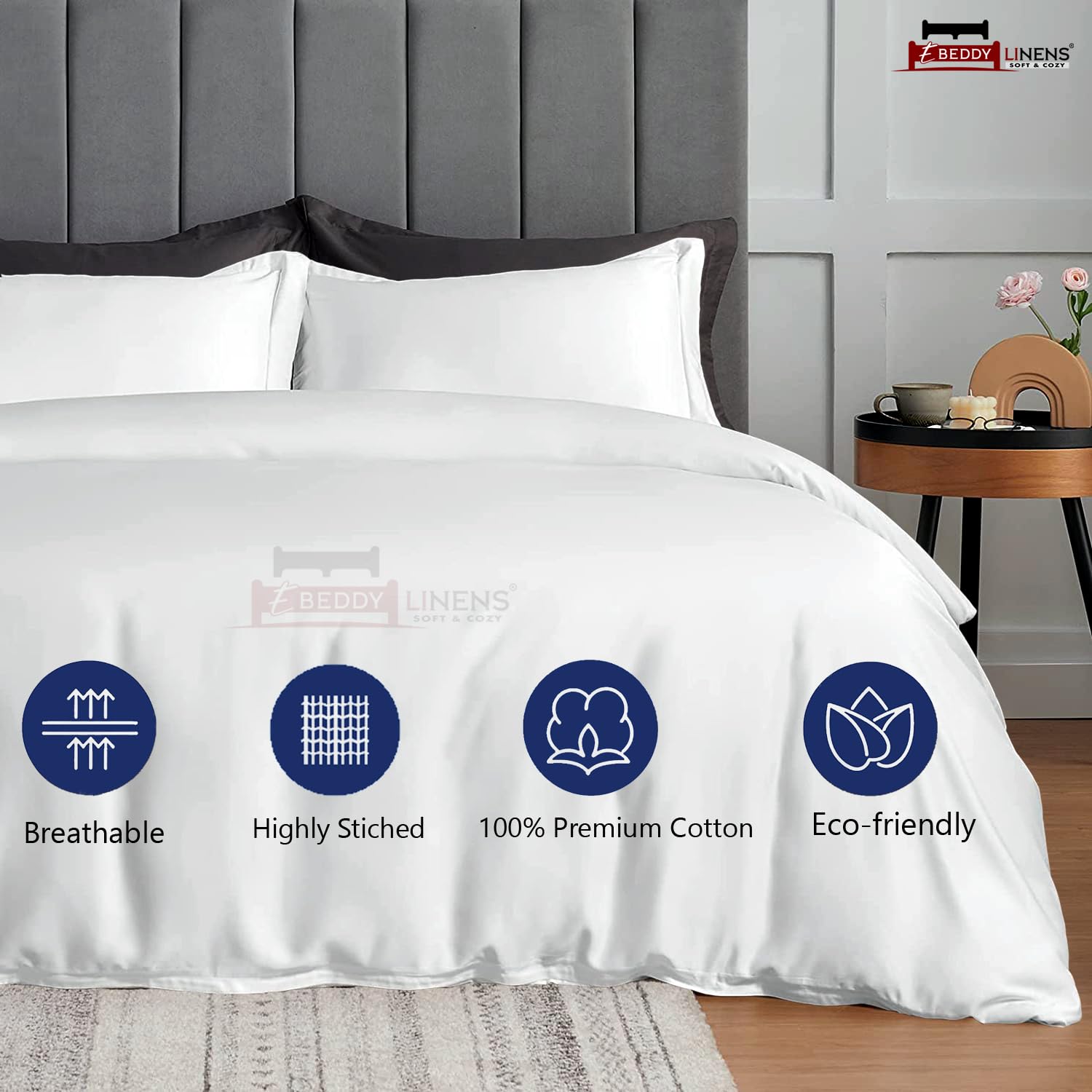 eBeddy Linens White Oversized King Duvet Cover - Soft 800-TC Egyptian Cotton King Duvet Cover Set, 3 Pieces, 1 Duvet Cover 120x98 Inches Zipper Closure and Corner Ties with 2 Pillow Shams