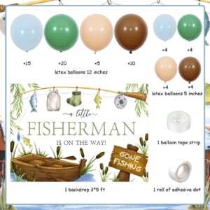 kreat4joy Fishing Baby Shower Decorations for Boy, Gone Fishing Baby Shower Decorations, Blue Green Brown Balloon Arch with a Little Fisherman Is On The Way Backdrop for Fish Outdoor Adventure Camping