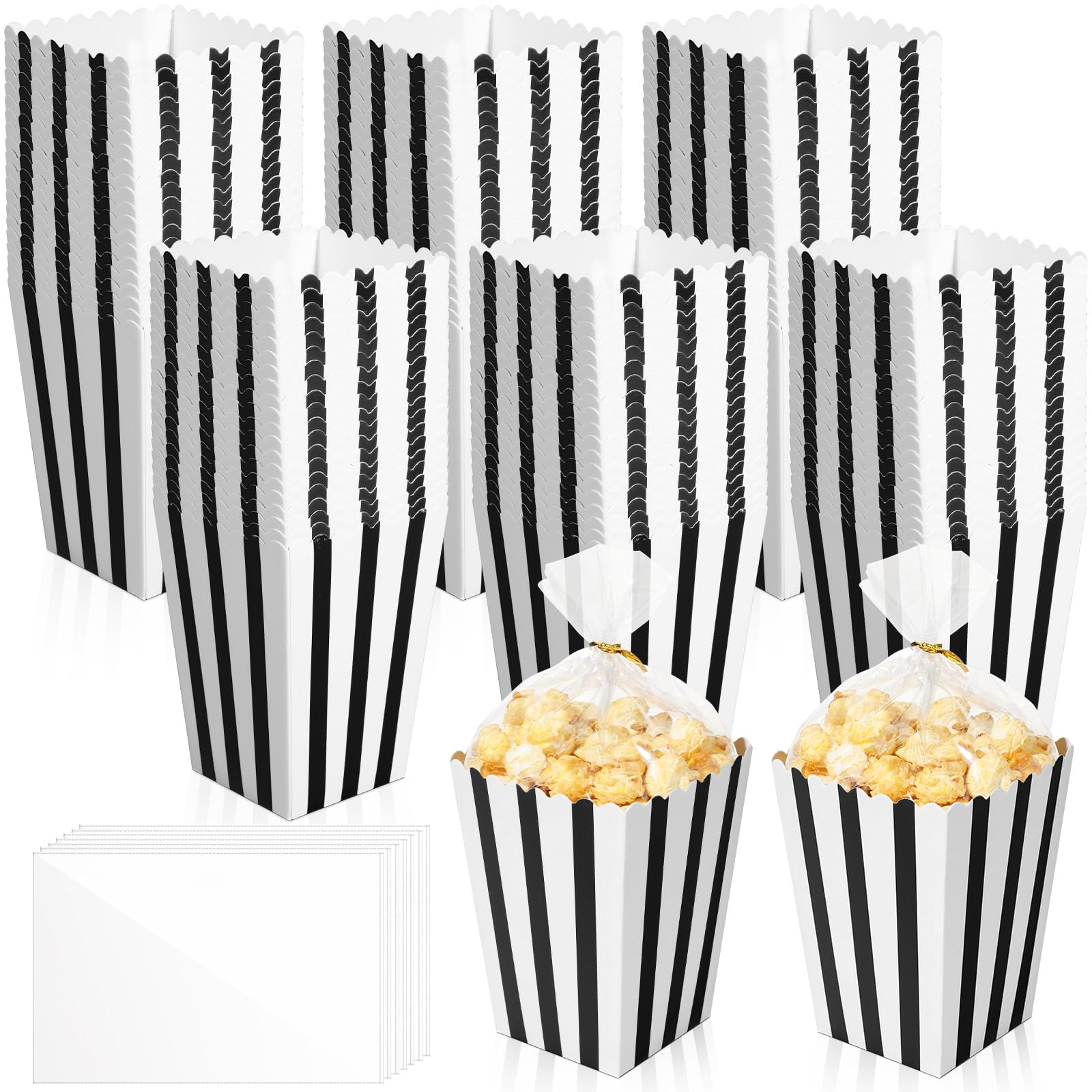 Maxcheck 200 Pcs Popcorn Boxes with 200 Pcs Clear Cellophane Bag, Mini Paper Popcorn Box Cardboard Popcorn Container, Popcorn Boxes Snack Candy for Birthday Wedding Decoration (Black and White)