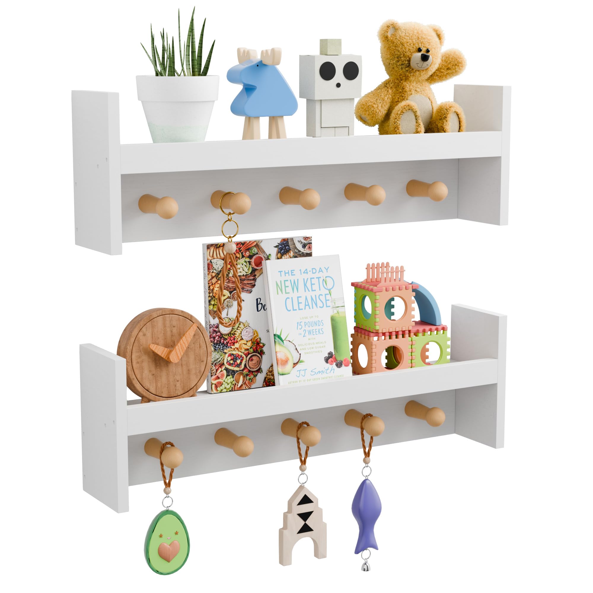 YEMNMFH Nursery Floating Shelves Set of 2 - Pine Wood Kids Shelves, Wall Shelf with Hooks, 24 Inches Floating Shelves for Wall Storage, Nursery Shelves for Kids Room, Bedroom, Entryway(White)