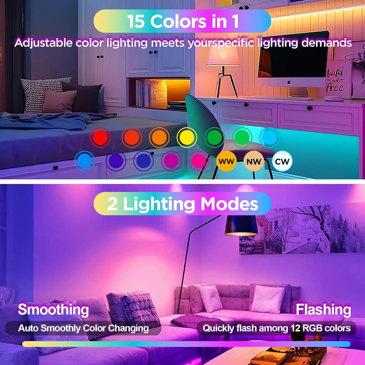 Rechargeable Battery Operated Light Bulb with Remote Control 2 Packs, 350LM Dimmable Detachable LED Bulb with 15 Colors Selectable & 3 Timer, Wireless Puck Light Bulb for Wall Sconce, Non-Hardwired