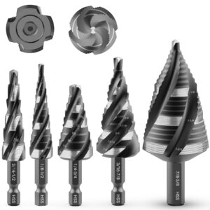 mablevi 5 pcs four spiral flute step drill bit set, 1/8"-1-3/8" hss unibit step drill bit, 1/4" and 3/8" shank step bit for metal, stainless steel, aluminum, wood, plastic