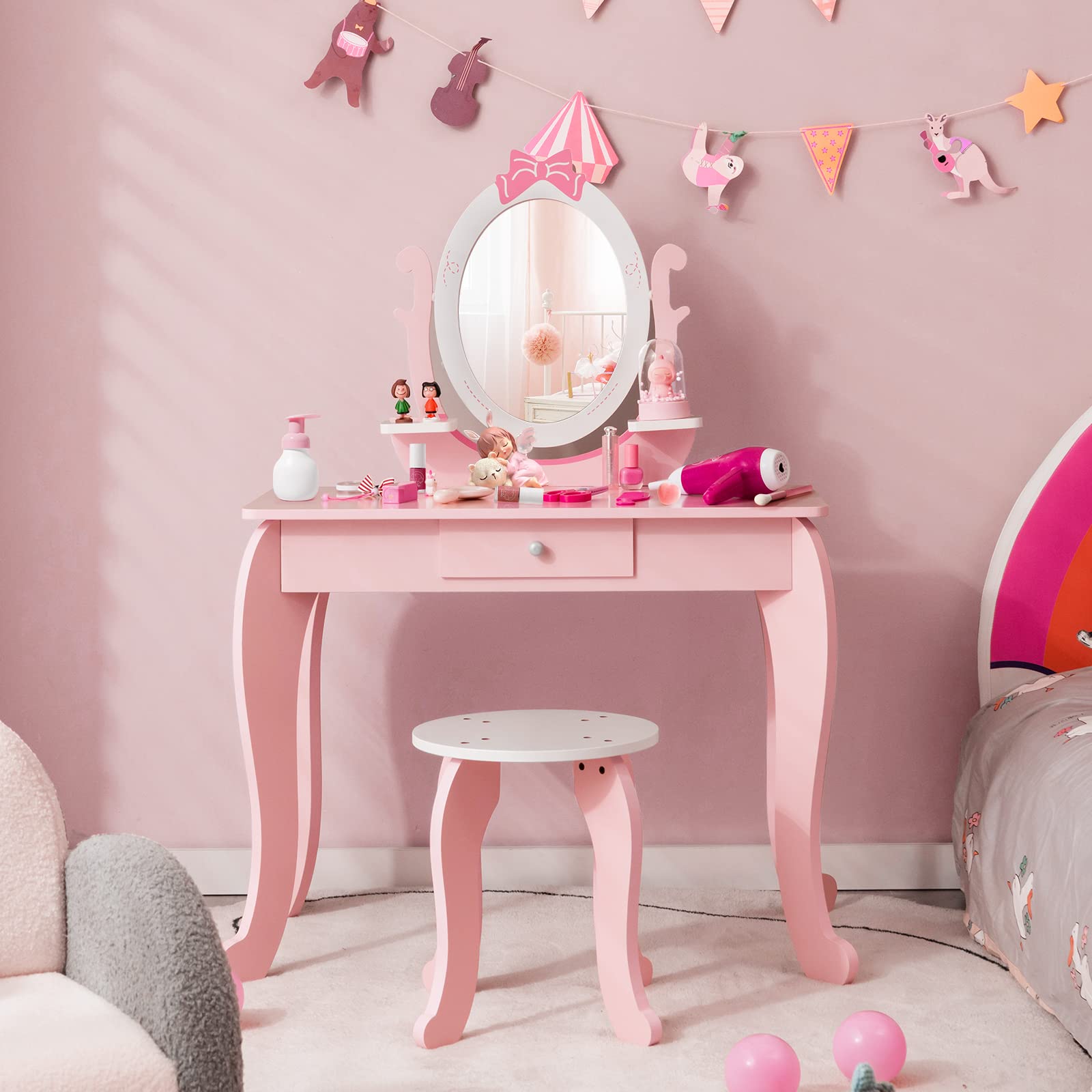 KOTEK 2-in-1 Kids Vanity with Detachable Top & 360° Rotating Mirror, Little Girls Vanity Set with Mirror, Stool and Drawer, Pink Princess Dressing Table & Chairs, Makeup Vanity Desk for Toddler 3-7