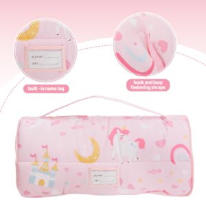 Viviland Toddler Kid Nap Mat for Preschool, Girls Pink Princess Slumber Bag, Daycare Sleeping Bag with Pillow and Blanket, Kindergarten Sleep Mat