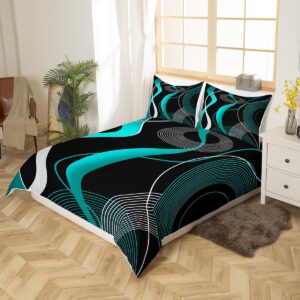 Erosebridal Geometric Duvet Cover Queen, Teal Black White Bedding Set for Kids Teens, Geometry Stripe Line Comforter Cover, Modern Art Swirl Waves Quilt Cover Abstract Circle Retro Bedroom Decor