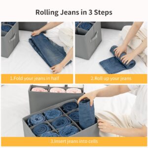 DIMJ Wardrobe Clothes Organizer, Jean Pants Towel Organizers for Closet, 9 Cell Stackable Wardrobe Shelf Dividers, Foldable Storage Bins for Clothes Sweater T-shirts Legging, 4 Pcs Grey