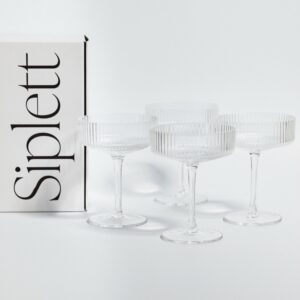 Siplett Luxe Champagne Coupe Glasses Set of 4 10 oz, Ribbed Martini Glasses with Gift Box, Vintage Champagne Glasses, Classic Cocktail Glasses with Stem