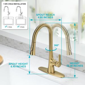 FROPO Brushed Gold Kitchen Faucet, Single Handle Gold Kitchen Sink Faucet with Pull Down Sprayer Modern Stainless Steel Brass Kitchen Faucet with Deck Plate Power Clean Spray Head 1 or 3 Hole