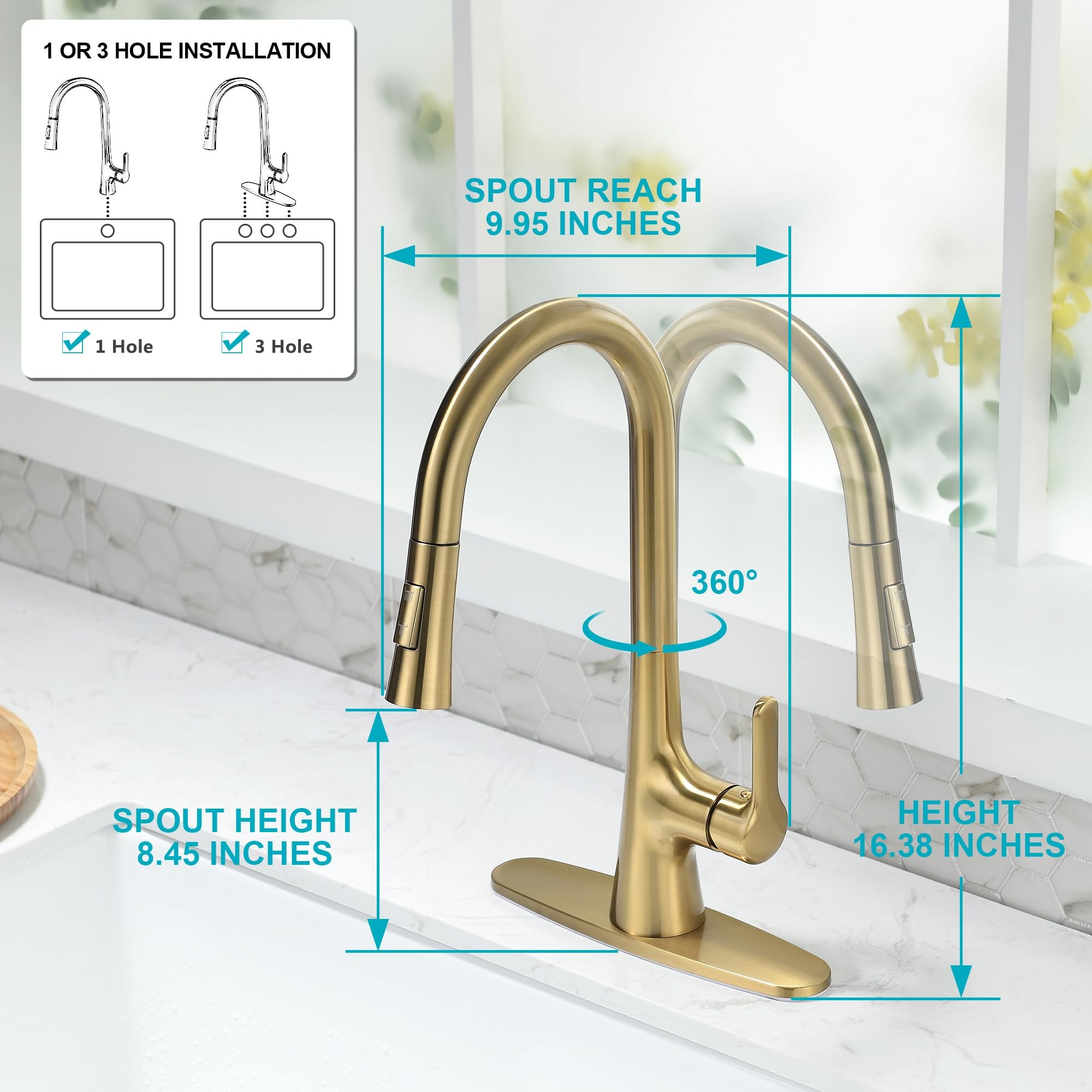 FROPO Brushed Gold Kitchen Faucet, Single Handle Gold Kitchen Sink Faucet with Pull Down Sprayer Modern Stainless Steel Brass Kitchen Faucet with Deck Plate Power Clean Spray Head 1 or 3 Hole