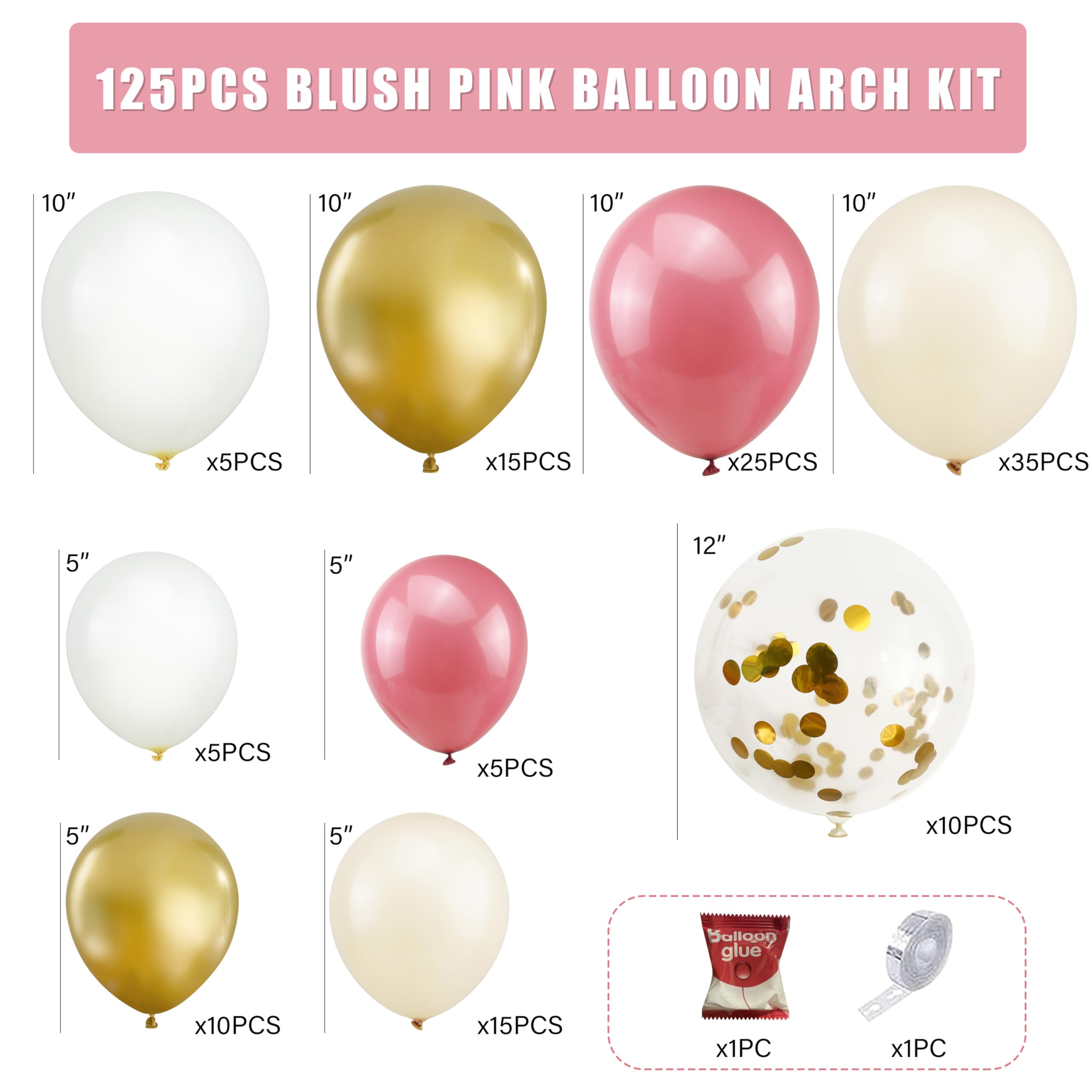 Viehatta Blush and Gold Balloon Arch Kit, 125PCS White Retro Pink and Gold Balloons Garland Arch Kit for Girls Baby Shower Wedding Bachelorette Bridal Birthday Party Decoration