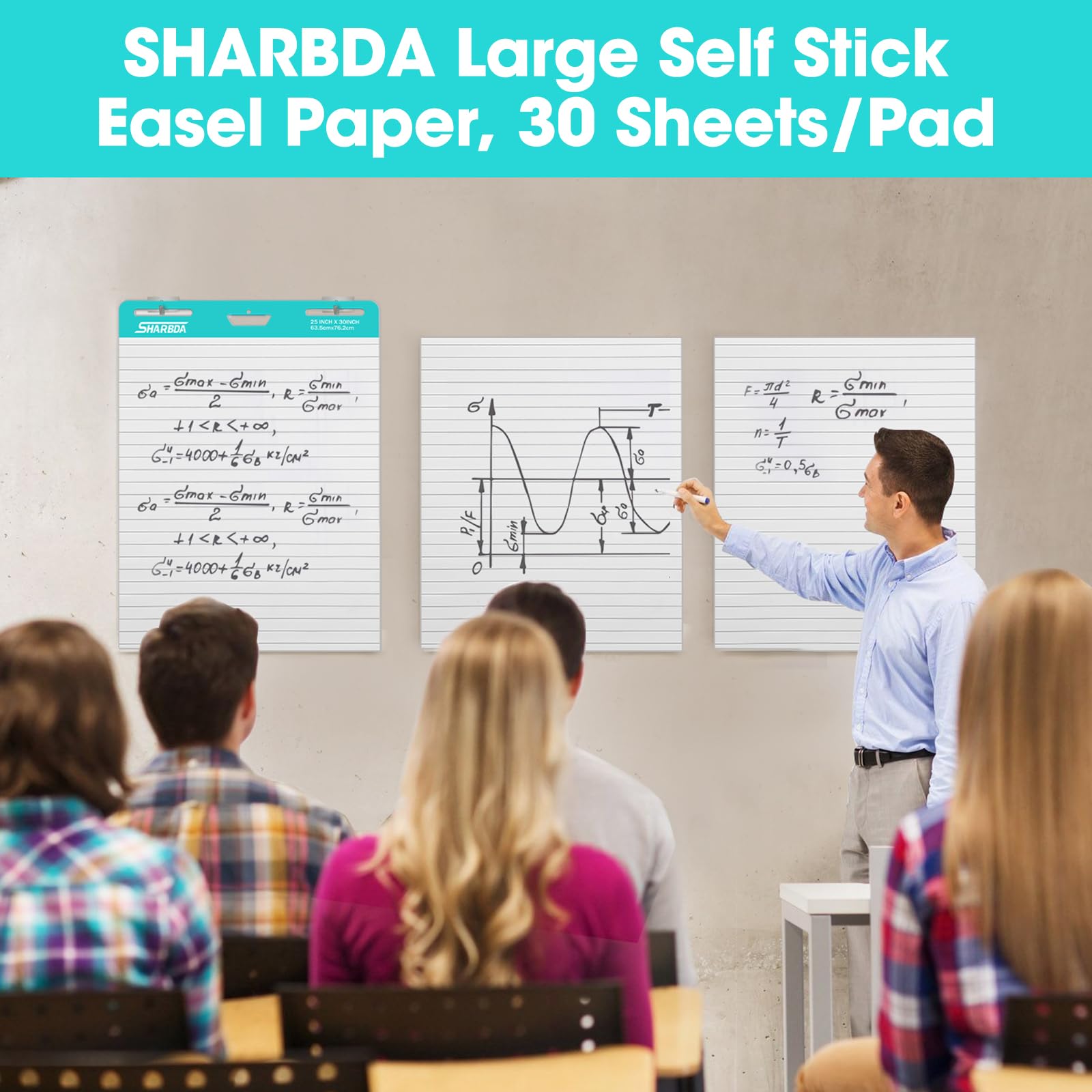 SHARBDA Lined Sticky Easel Pad, 25 in x 30 in,Flip Chart Paper,Sticky Chart Paper for Teachers, Large Self-Stick Easel Paper,Super Sticky & Bleed-Resistant,30 Sheets/Pad,2 Pads