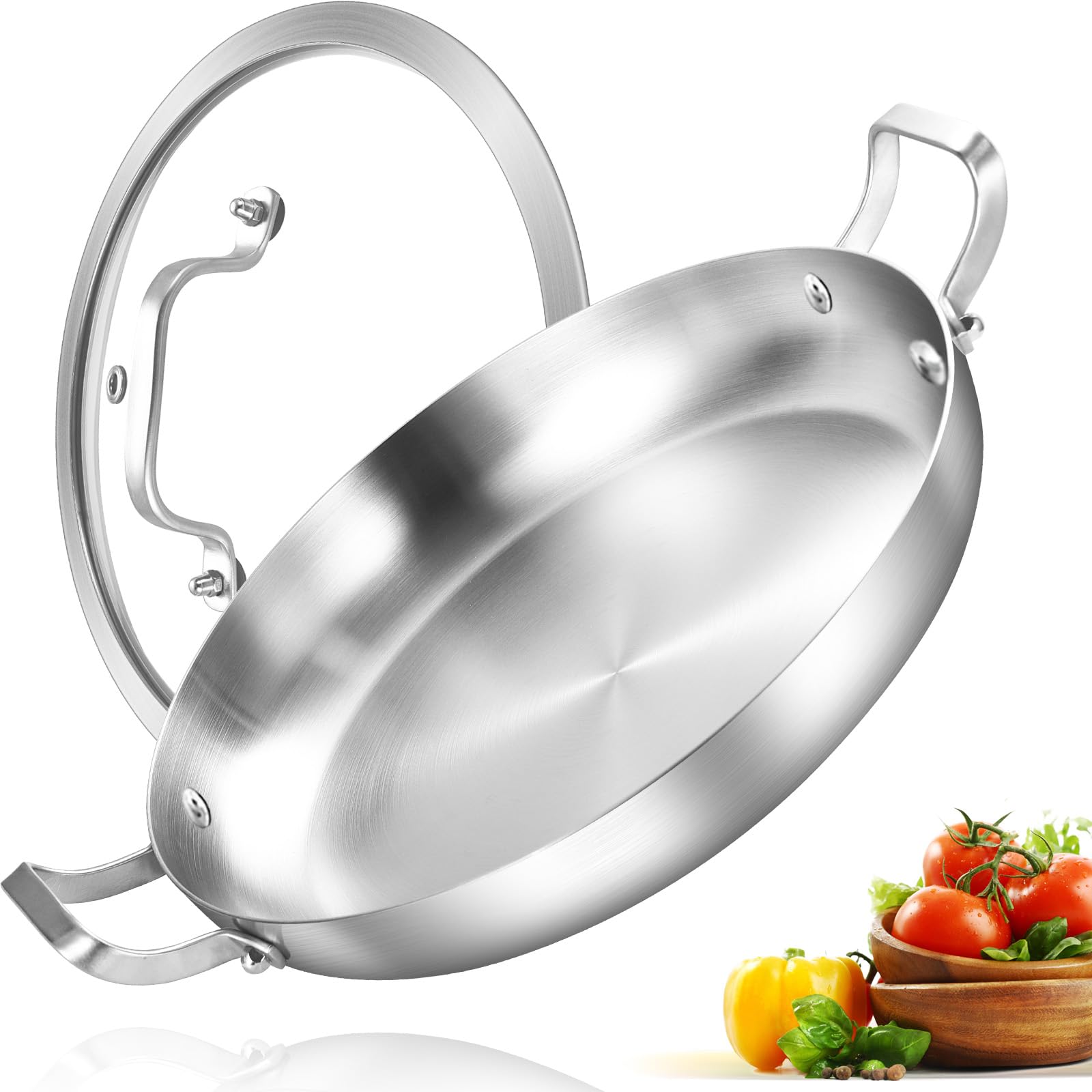 Inqibee Tri-Ply Stainless Steel Paella Pan with Lid,Large Skillet,Omelet Pan,Griddle,Jumbo Cooker,Induction Pan,Dishwasher and Oven Safe. (14 Inch)