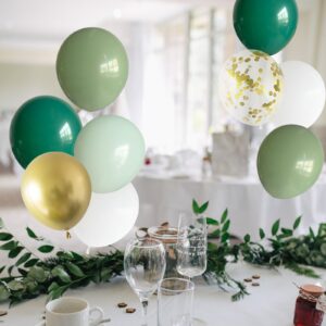 ANSOMO Sage Green White and Gold Latex Balloons 12 Inch 50 Pcs Party Decorations Matte Retro Dark Dusty Light Green Confetti Balloons Wedding Birthday Bridal Baby Shower Graduation Décor Supplies