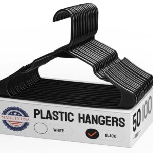 Pretigo 50 Pack Black Plastic Hangers Bulk | 50 100 Pack Available | Clothes Hangers Plastic, Black Hangers Plastic, Lightweight Plastic Hanger as Closet Hangers, Clothing Hangers - Hangers 50 Pack