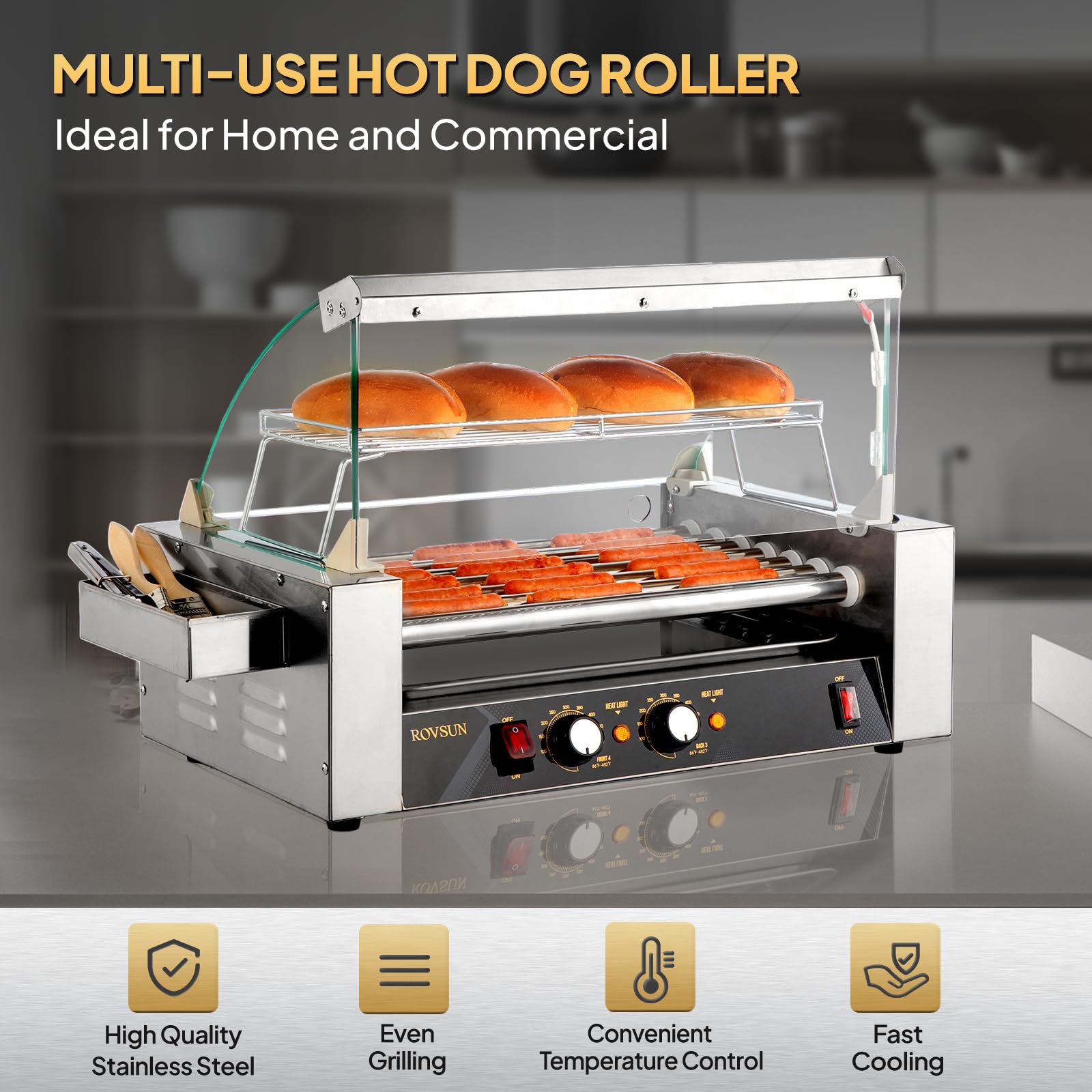 ROVSUN Hot Dog Roller ETL Certified, 18 Hot Dog 7 Rollers Sausage Grill Cooker Machine w/Dual Temp Control, Cover, LED Lighting, Removable Shelf & Drip Tray for Party Home Commercial 1050W