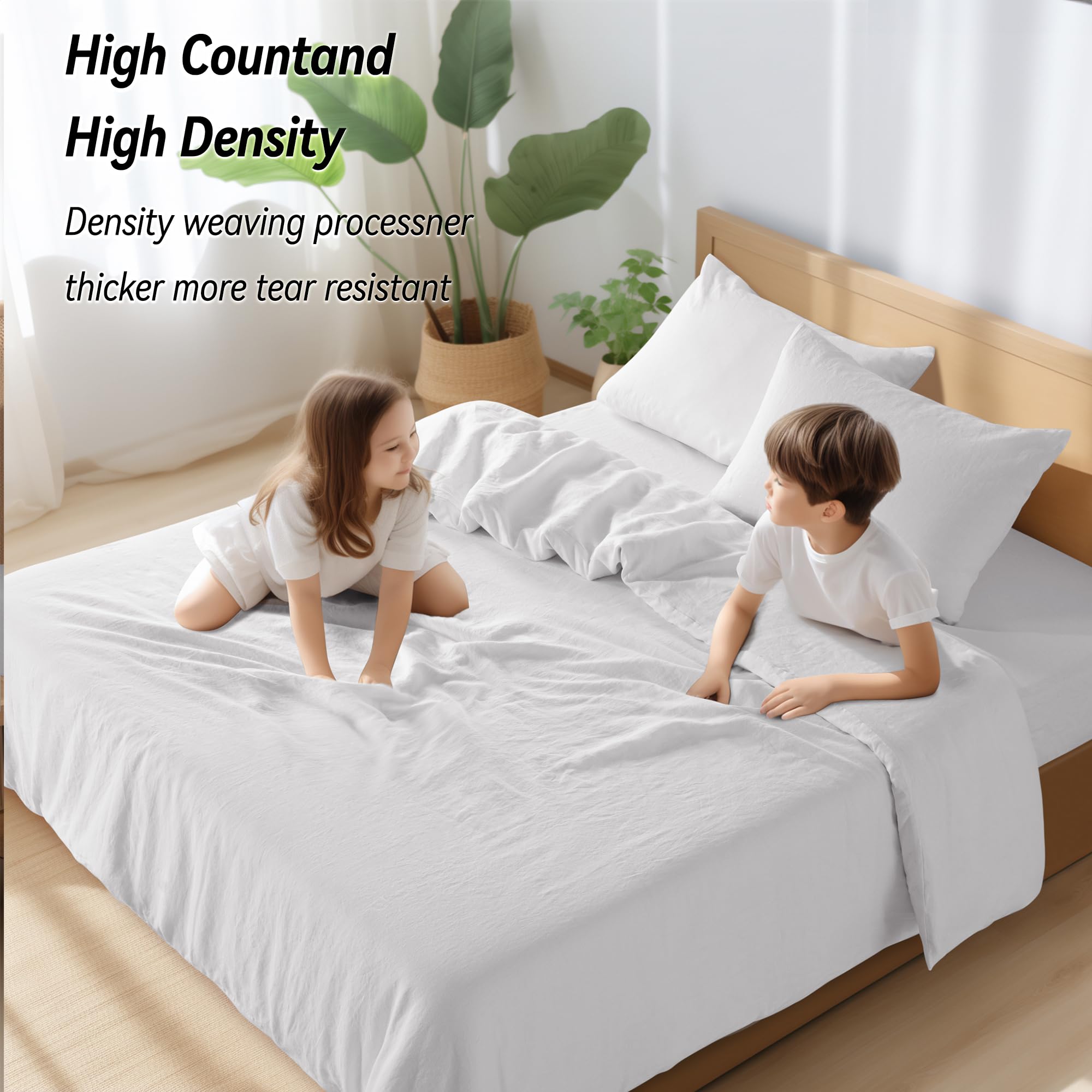 LBR02M 100% Linen Duvet Cover Set King Size, Bed Sheets 3 Piece Sets, Solid Color Natural Flax Soft Breathable King Duvet Cover, All Season (White)