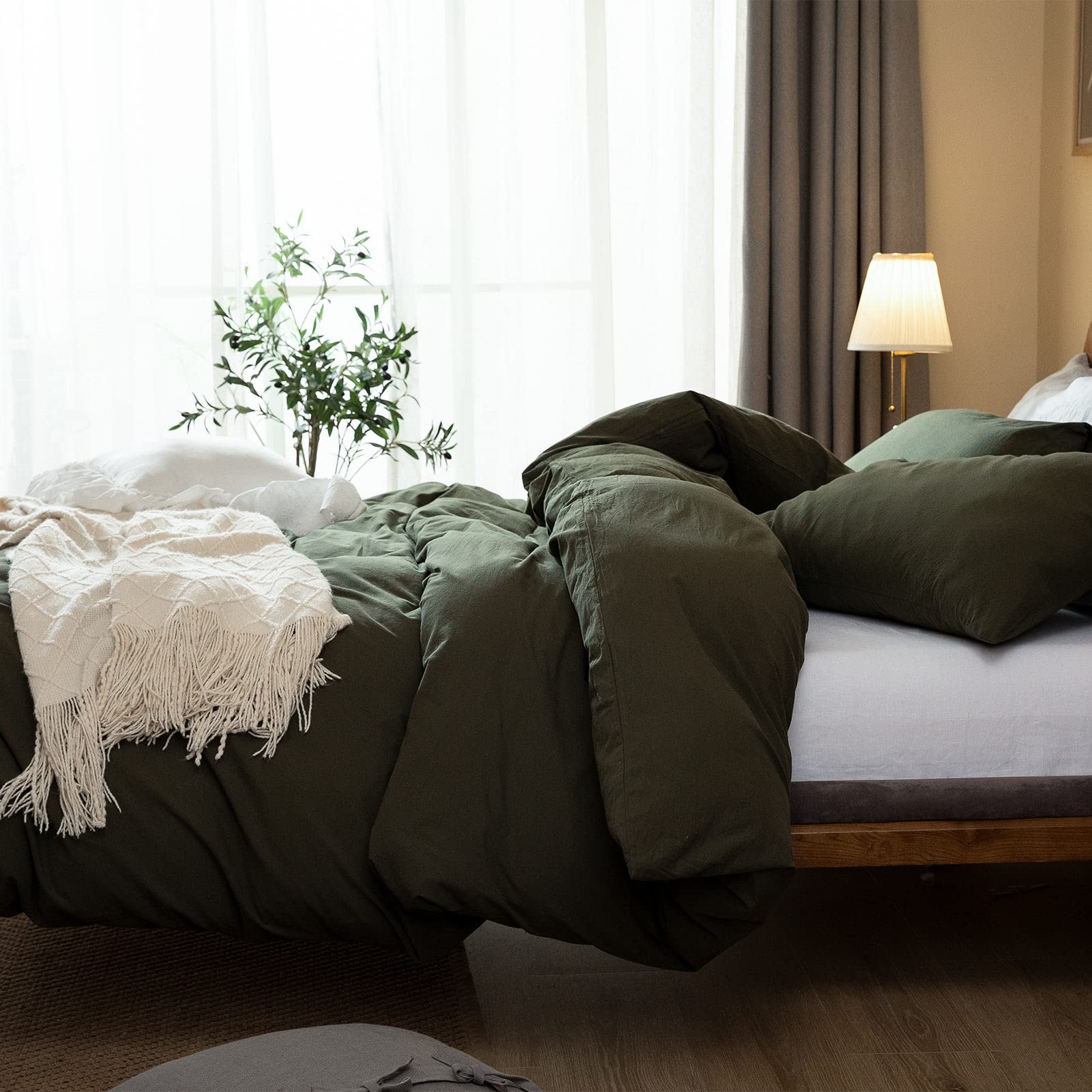 Dark Green Duvet Cover Queen, 100% Washed Cotton Linen Like Textured 3 Pieces Bedding Set, Queen Duvet Dark Green, Luxury Relaxed Feel Natural Wrinkled Breathable Soft Comfy (Dark Green, Queen)