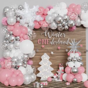 pink winter wonderland balloon garland arch kit pink white metallic silver with large snowflake balloon for christmas princess girl a little snowflake is on the way baby shower birthday party decor