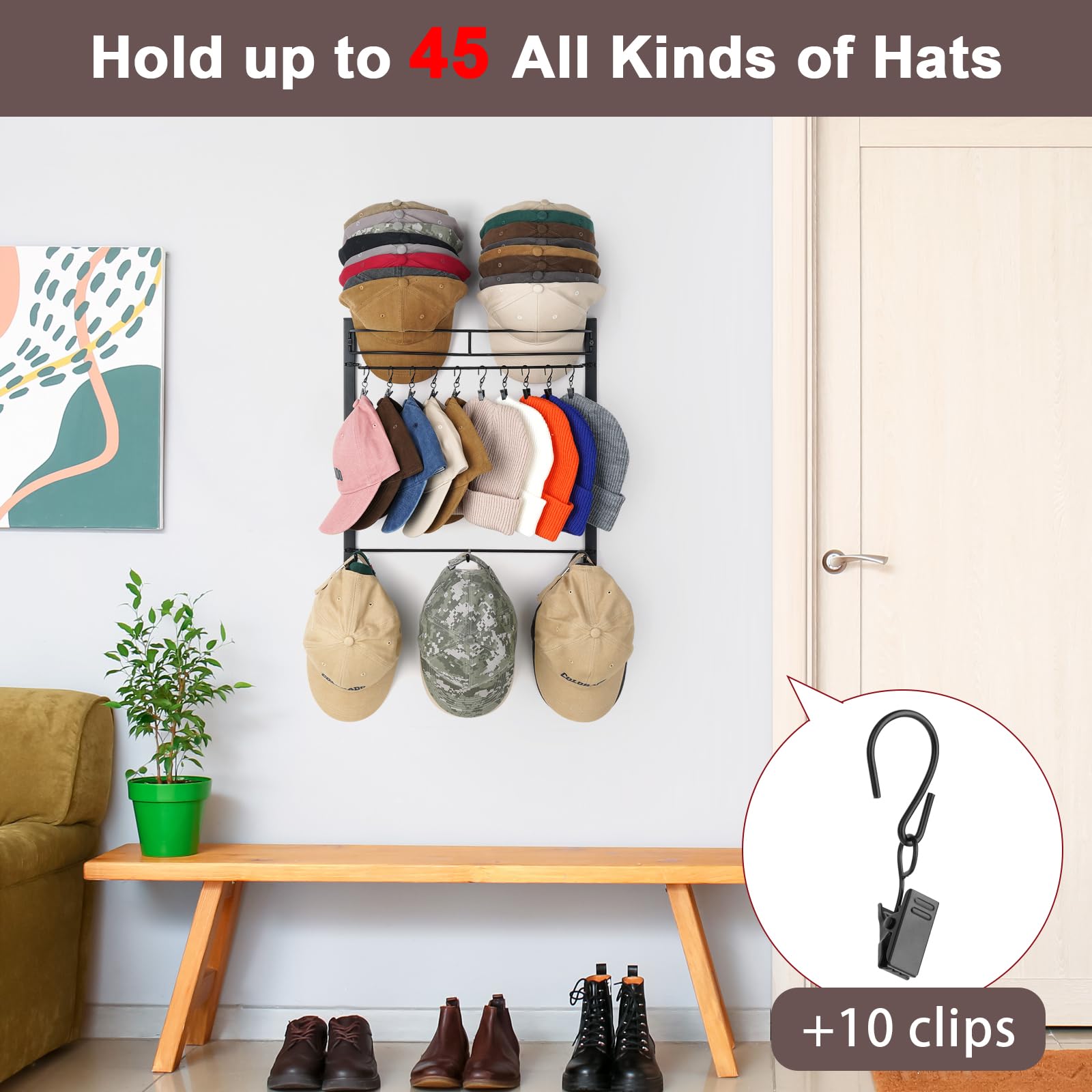 HYDERMUS Hat Rack for 45 Baseball Caps with 10 Clips 3 Tier Hat Organizer for Wall Multi-functional Hat Hanger Metal Hat Holder at Closet Bedroom Entryway Gift for Men Boy Teen