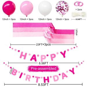 Hot Pink Birthday Felt Party Decorations for Girls Women Happy Birthday Banner Pink Ribbon Garland Balloon Backdrop Happy Birthday Decorations for Hot Girl Bday Princess Theme Birthday Party Supplies