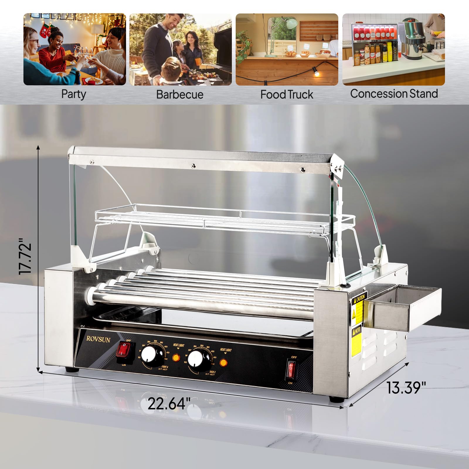 ROVSUN Hot Dog Roller ETL Certified, 18 Hot Dog 7 Rollers Sausage Grill Cooker Machine w/Dual Temp Control, Cover, LED Lighting, Removable Shelf & Drip Tray for Party Home Commercial 1050W