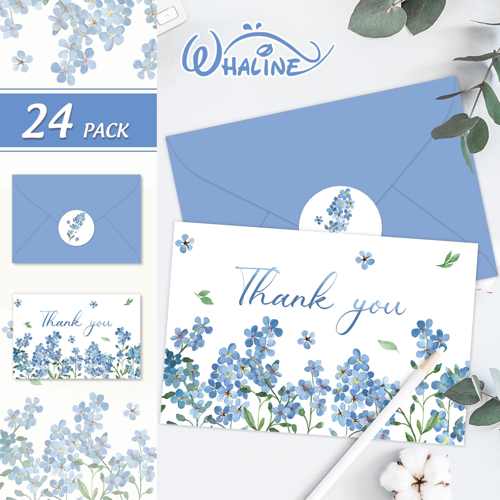 Whaline 24 Pack Watercolor Floral Thank You Cards Bulk Forget-Me-Not Myosotis Sylvatica Flower Greeting Cards with Envelope Sticker Blank Note Cards for Wedding Baby Shower Bridal Birthday Party