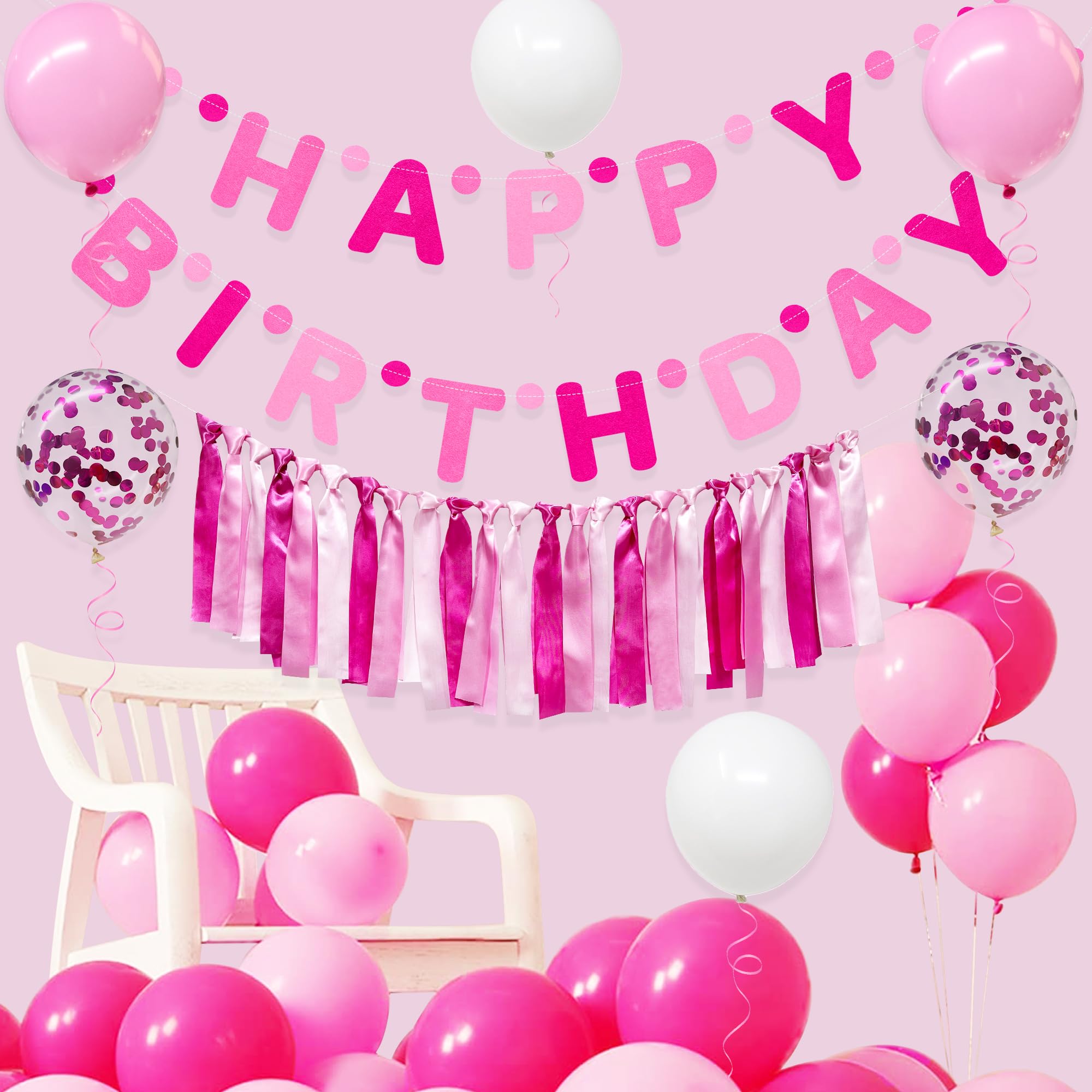 Hot Pink Birthday Felt Party Decorations for Girls Women Happy Birthday Banner Pink Ribbon Garland Balloon Backdrop Happy Birthday Decorations for Hot Girl Bday Princess Theme Birthday Party Supplies