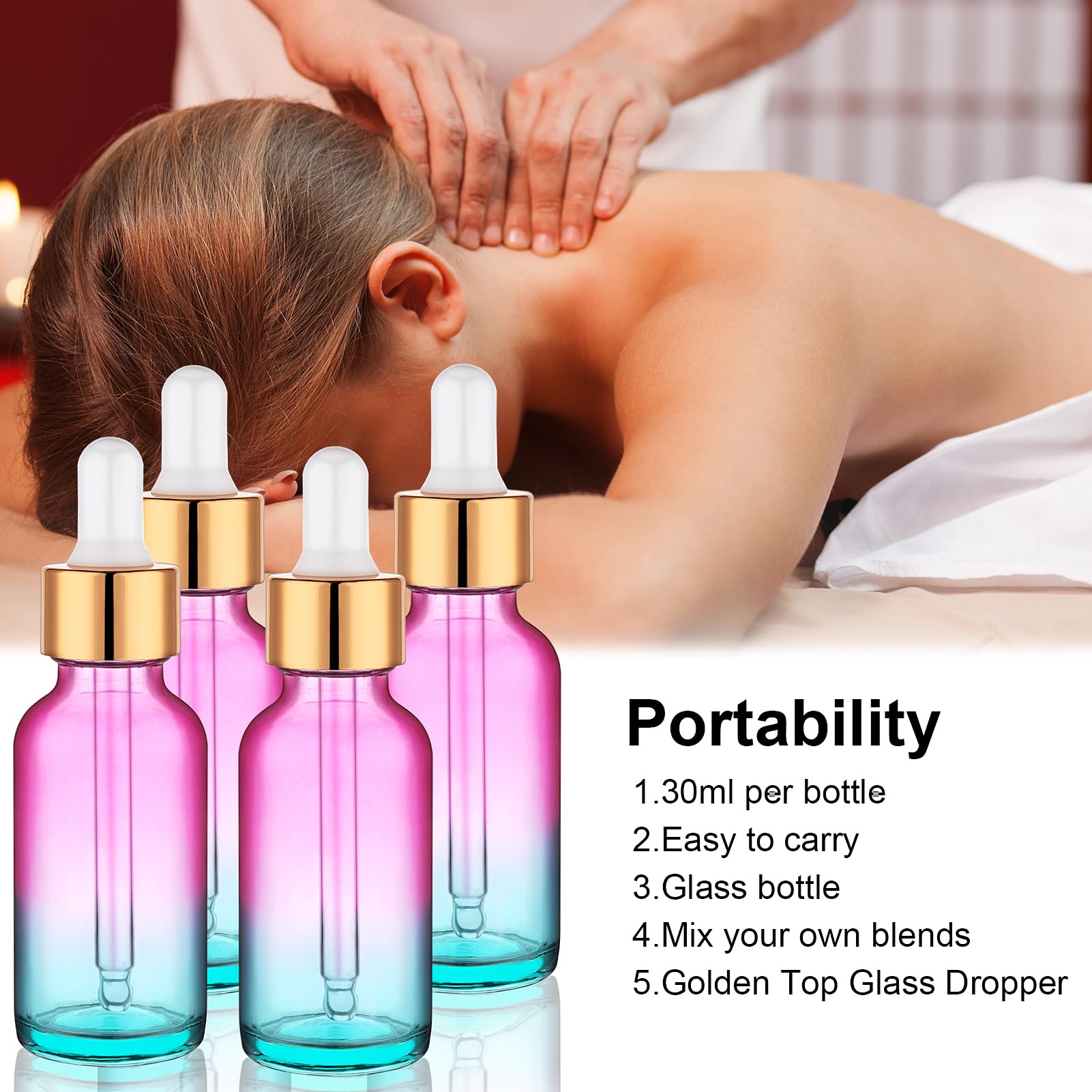 Hethyo 4 pack 2 oz Glass Dropper Bottle with Extra 2 Spray Nozzles 60ml Rainbow Colored Thick Glass Tincture Bottles Leakproof Travel Essential Oils Bottles (2 OZ)