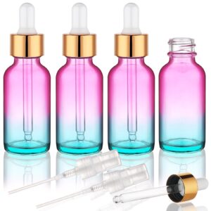 hethyo 4 pack 2 oz glass dropper bottle with extra 2 spray nozzles 60ml rainbow colored thick glass tincture bottles leakproof travel essential oils bottles (2 oz)