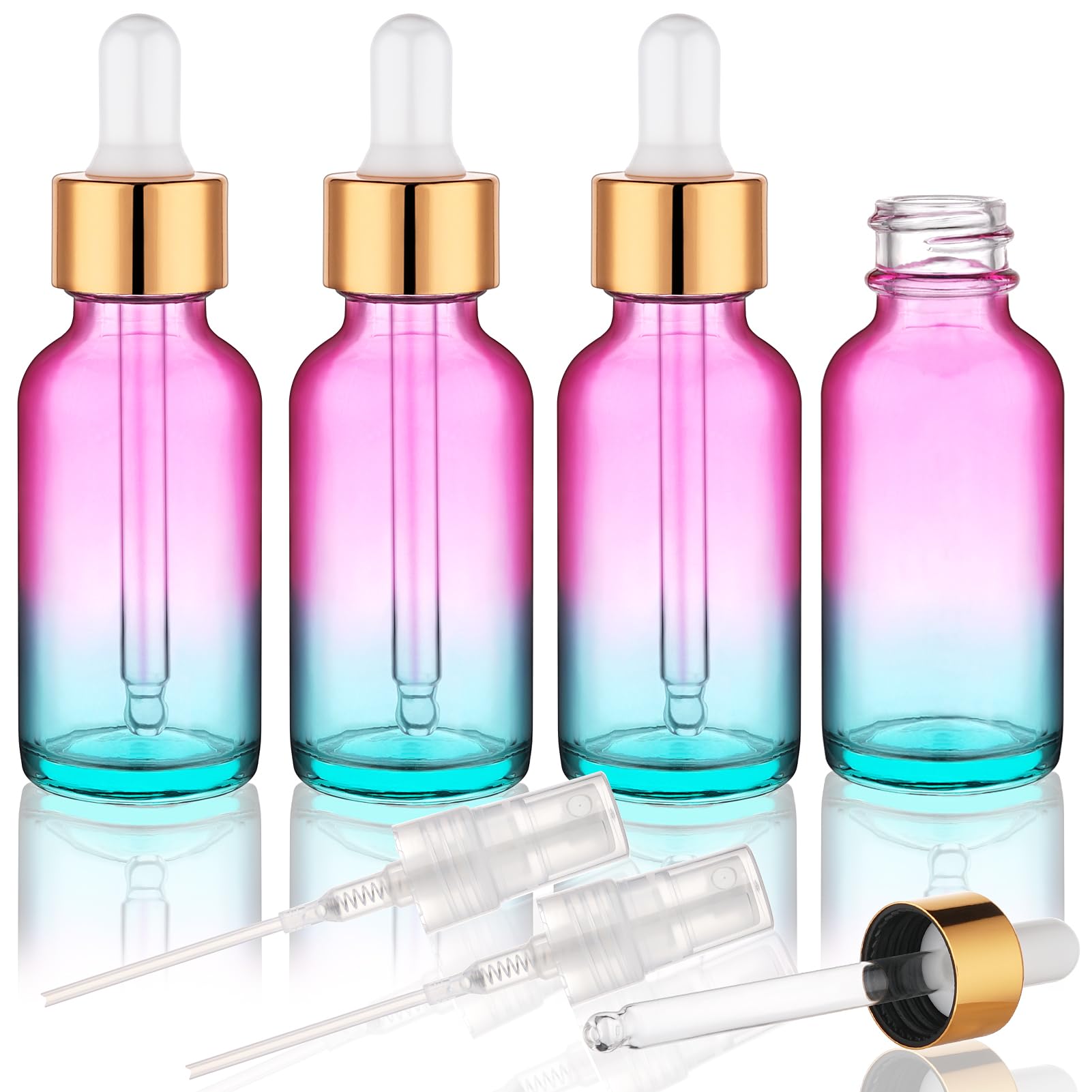 Hethyo 4 pack 2 oz Glass Dropper Bottle with Extra 2 Spray Nozzles 60ml Rainbow Colored Thick Glass Tincture Bottles Leakproof Travel Essential Oils Bottles (2 OZ)