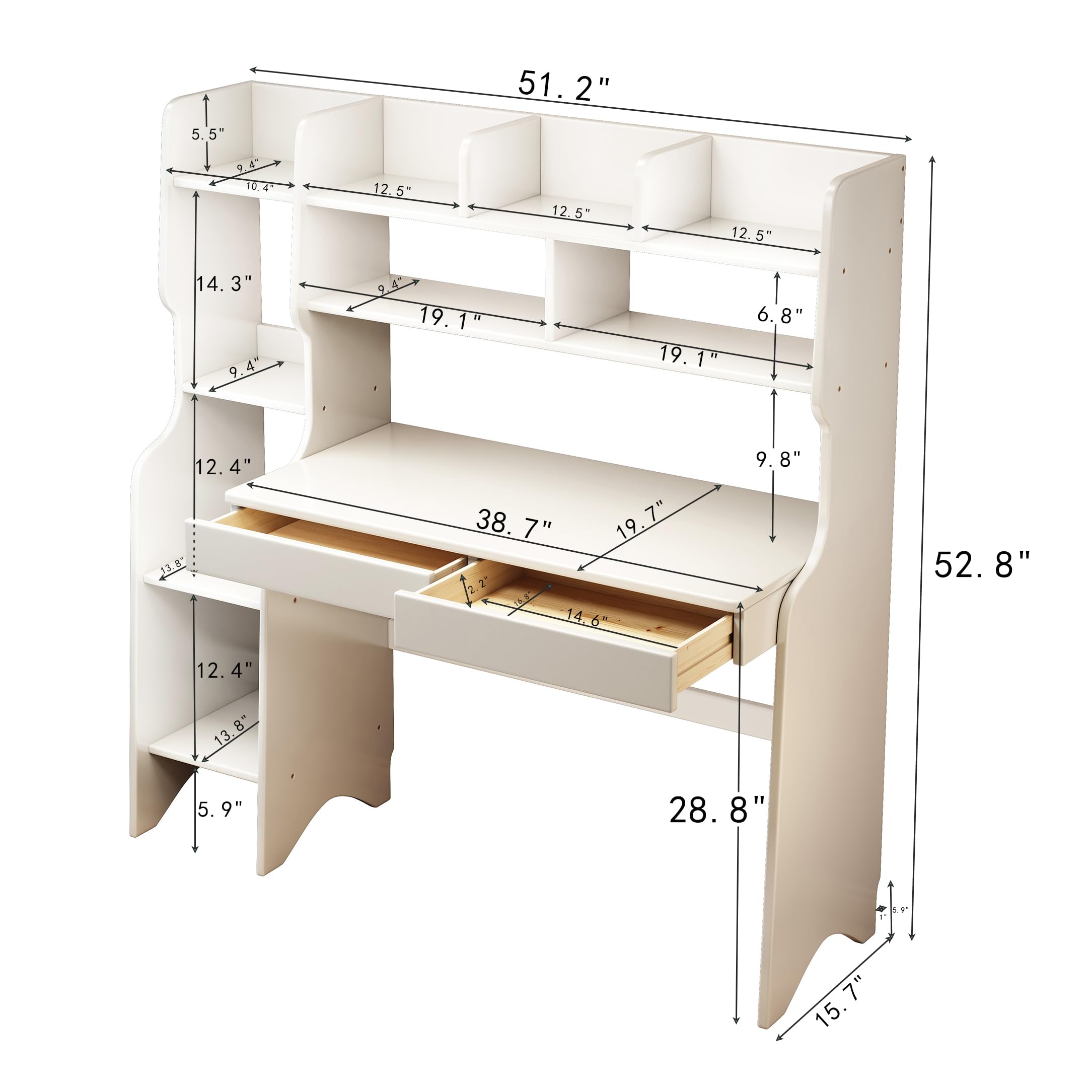 BALANBO Kids Desk Kids Table with Drawers and Bookshelf Wooden Kids Media Desk Student Learning Computer Workstation and Writing Desk (White)