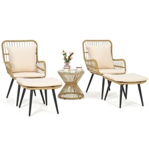 pamapic outdoor patio bistro set with ottoman 5 piece rattan wicker conversation chair sets balcony furniture chairs for yard garden porch backyard poolside, beige