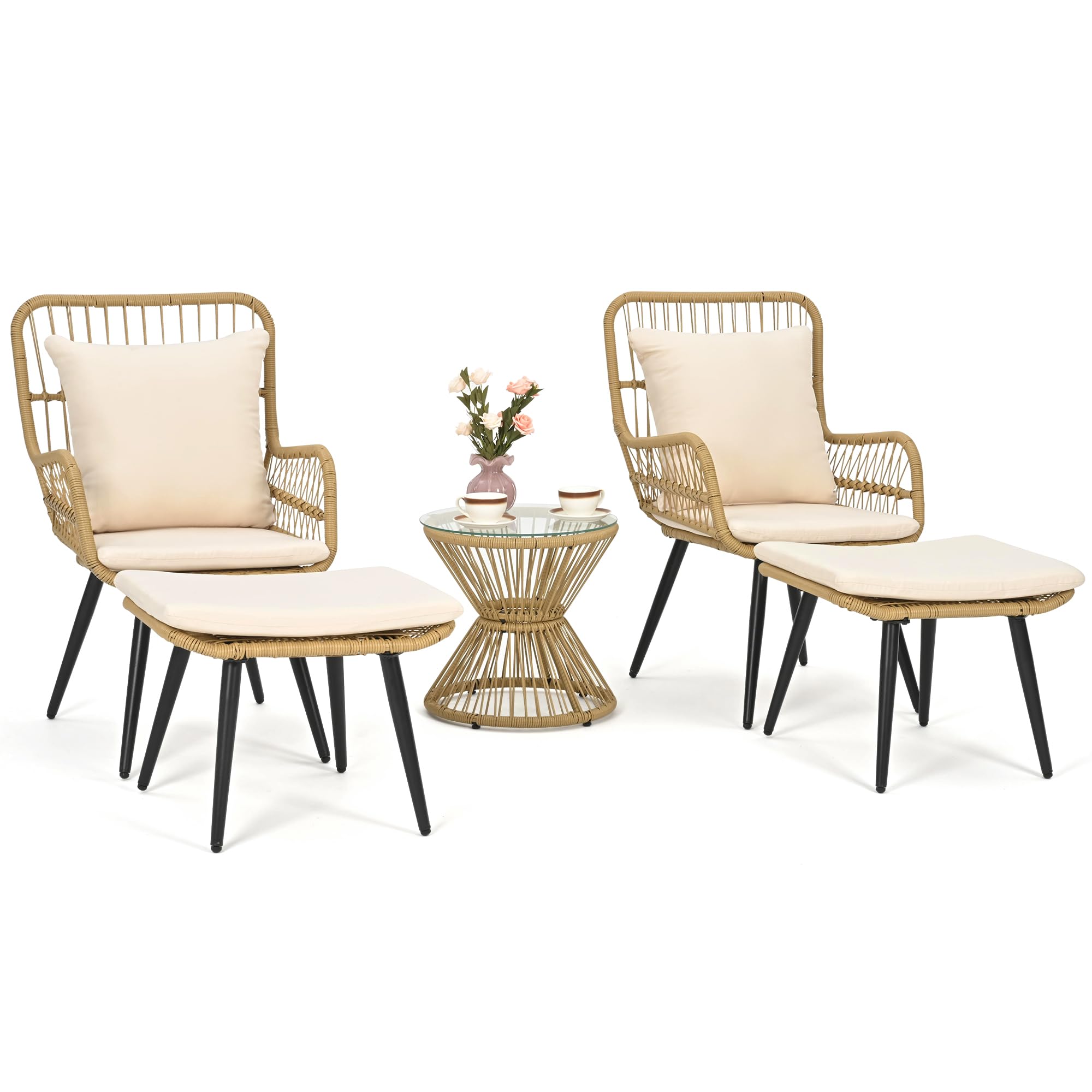 Pamapic Outdoor Patio Bistro Set with Ottoman 5 Piece Rattan Wicker Conversation Chair Sets Balcony Furniture Chairs for Yard Garden Porch Backyard Poolside, Beige