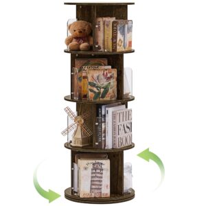 vecelo 4 tier revolving bookshelf tower, 360° display floor standing storage rack with acrylic visible window partition for bedroom, living room home and office, brown