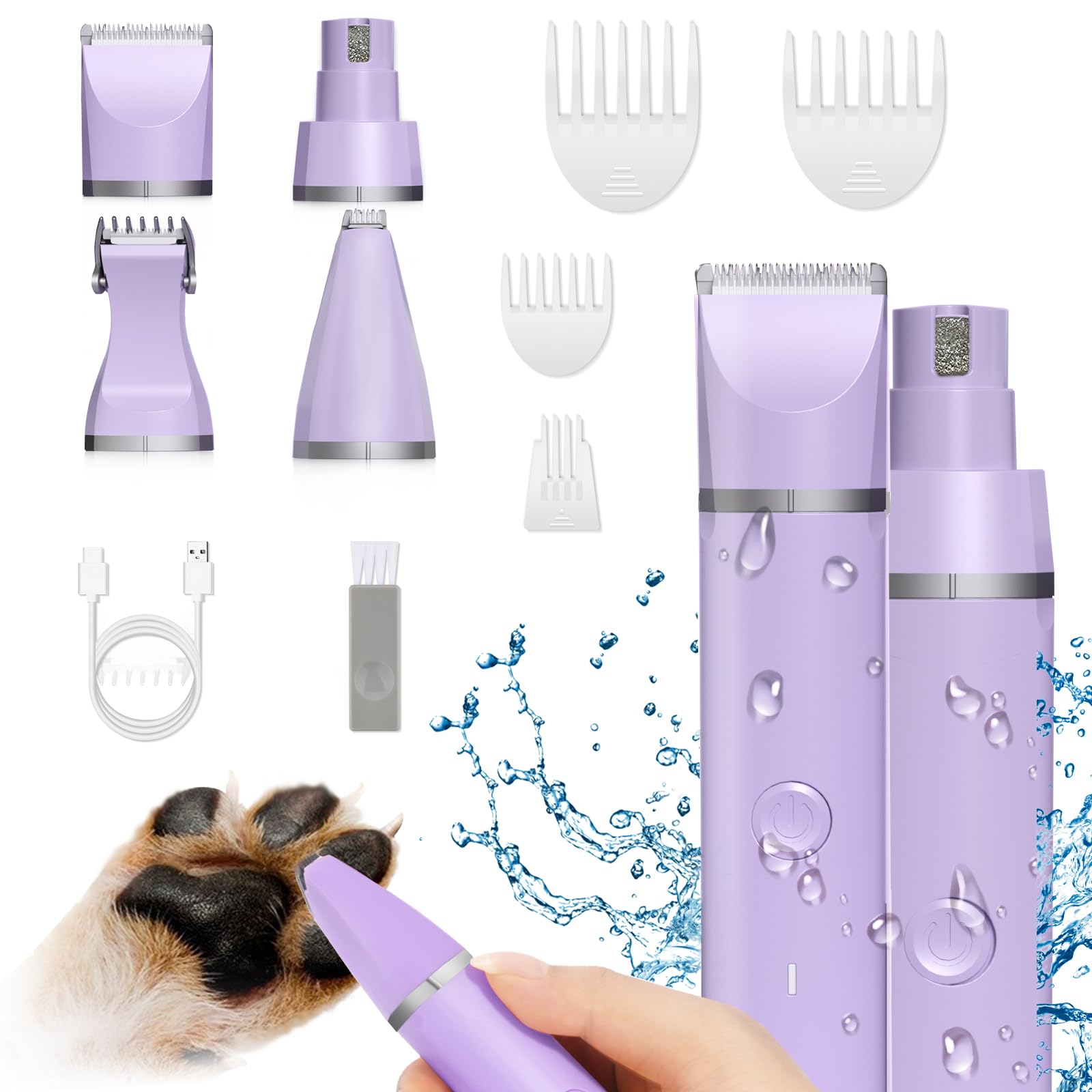 Veeconn Dog Grooming Clippers Kit-Electric Rechargeable Cat Trimmer Tools-Cordless Quiet Pet Nail Paw Grinder-4 in 1 Multifunctional Low Noise Shaver-Razor for feet Face Ears Toenail Eye