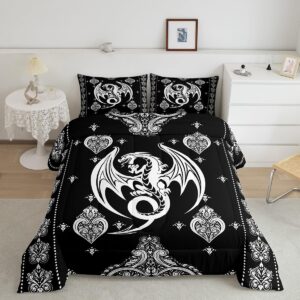 white black dragon bedding set queen size,vintage boho floral print comforter set 3pcs,exotic paisley pattern quilt set for kids boys girls adult room decor gohtic duvet insert,2 pillowcases