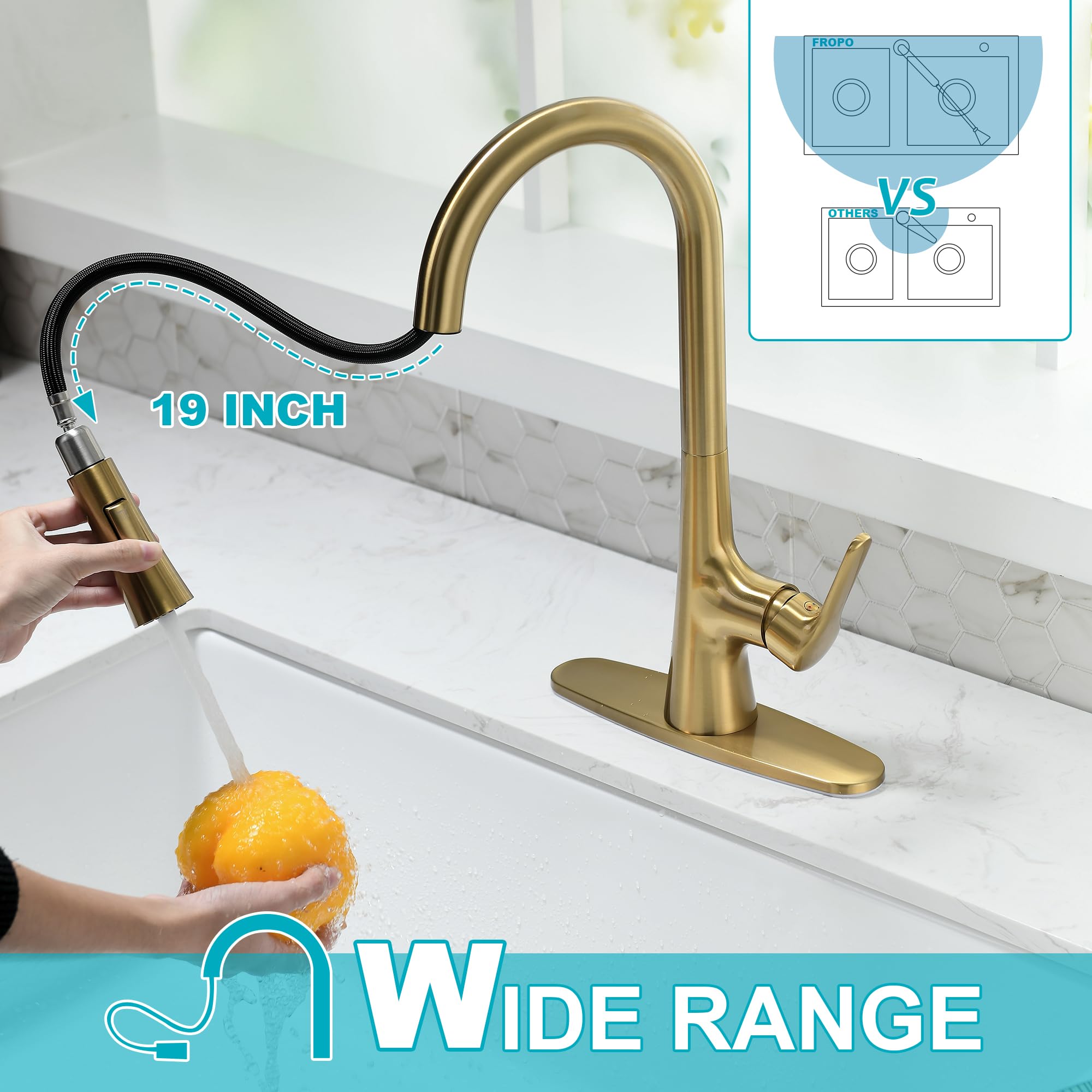 FROPO Brushed Gold Kitchen Faucet, Single Handle Gold Kitchen Sink Faucet with Pull Down Sprayer Modern Stainless Steel Brass Kitchen Faucet with Deck Plate Power Clean Spray Head 1 or 3 Hole