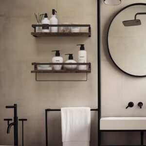 Afuly Bathroom Shelves for Wall, Floating Shelf Bathroom Over Toilet, Wall Mounted Shelves with Towel Bar Rack, Industrial Modern Home Decor Dark Brown