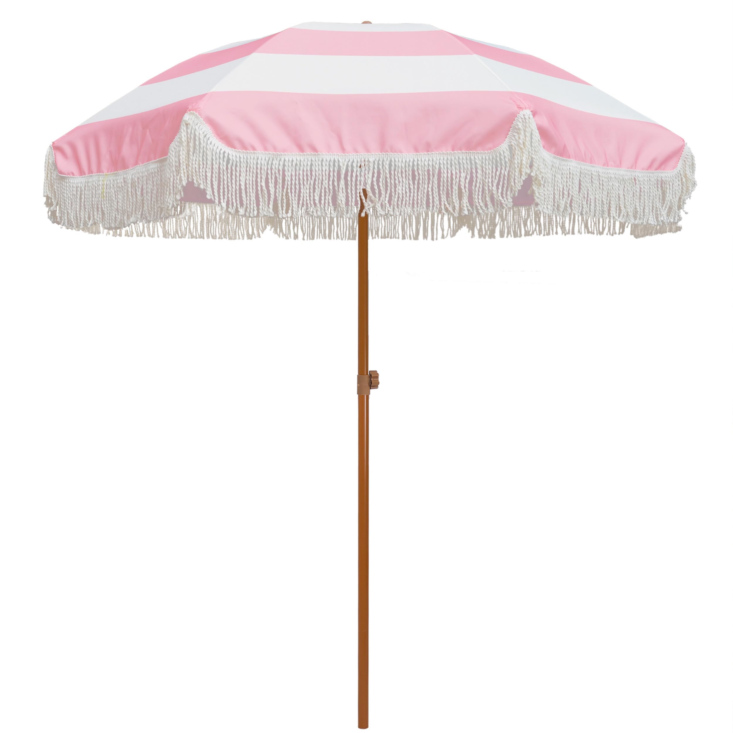 AMMSUN 7ft Patio Umbrella with Fringe Outdoor Tassel Umbrella UPF50+ Premium Steel Pole and Ribs Push Button Tilt, Riviera Pink Stripe