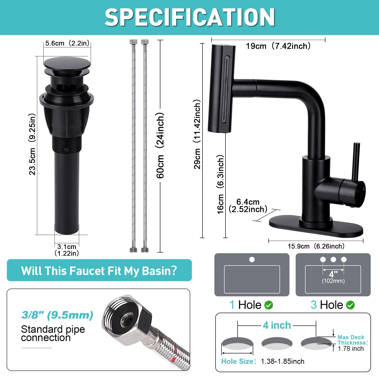 Bathroom Faucet 4 in 1, Faucet for Bathroom with Pull Down Sprayer, Matte Black Bathroom Sink Faucet for 1 or 3 Holes