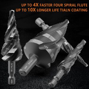 MABLEVI 5 Pcs Four Spiral Flute Step Drill Bit Set, 1/8"-1-3/8" HSS Unibit Step Drill Bit, 1/4" and 3/8" Shank Step Bit for Metal, Stainless Steel, Aluminum, Wood, Plastic