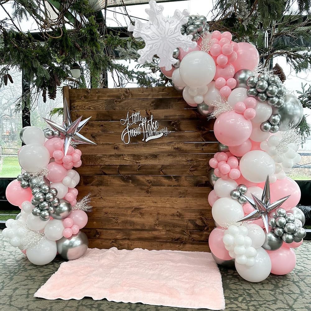 Pink Winter Wonderland Balloon Garland Arch Kit Pink White Metallic Silver With Large Snowflake Balloon for Christmas Princess Girl A Little Snowflake is on The Way Baby Shower Birthday Party Decor