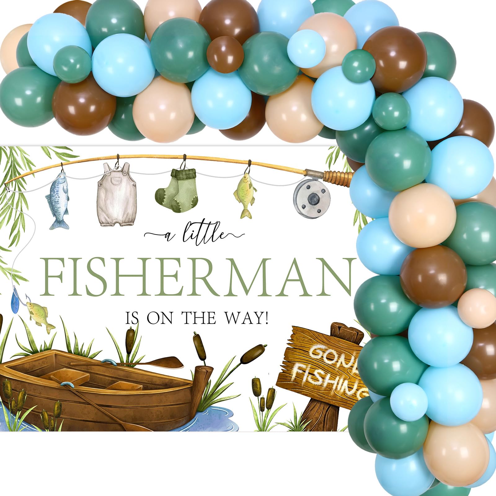 kreat4joy Fishing Baby Shower Decorations for Boy, Gone Fishing Baby Shower Decorations, Blue Green Brown Balloon Arch with a Little Fisherman Is On The Way Backdrop for Fish Outdoor Adventure Camping